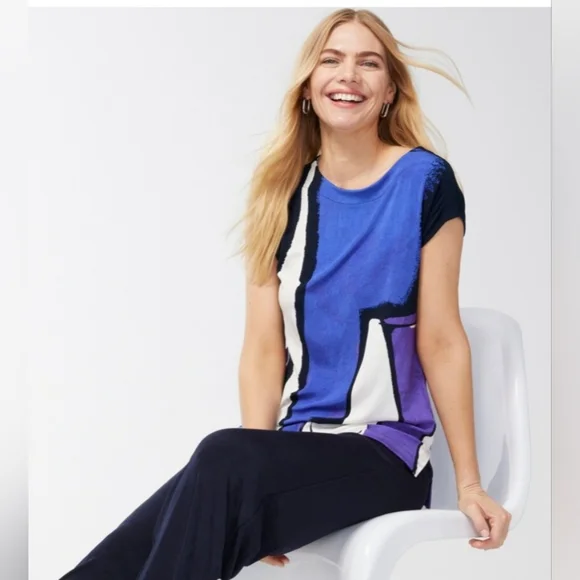 CHICO'S Size 3 Abstract Print Knit Blouse Acetate/Spandex Colorful Tunic - Picture 3 of 8